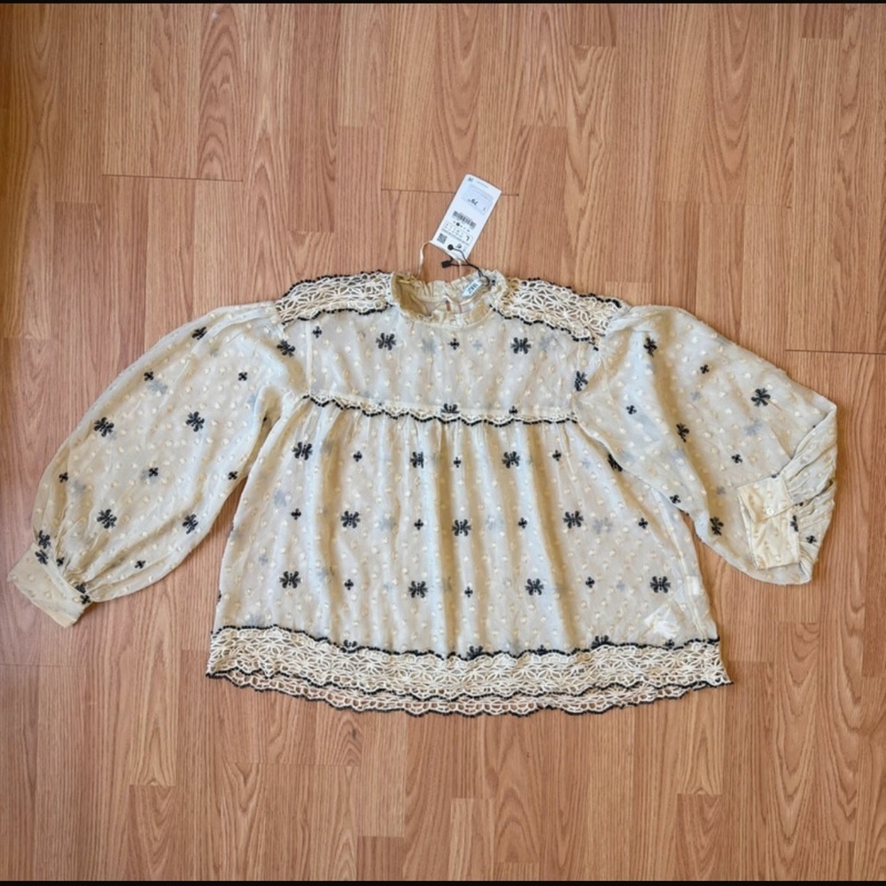 Zara Cream Embroidered Peasant Blouse with Black Accents - Picture 3 of 5